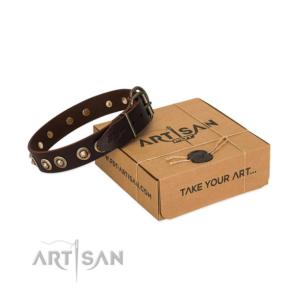 Rust resistant traditional buckle on full grain genuine leather dog collar for your four-legged friend