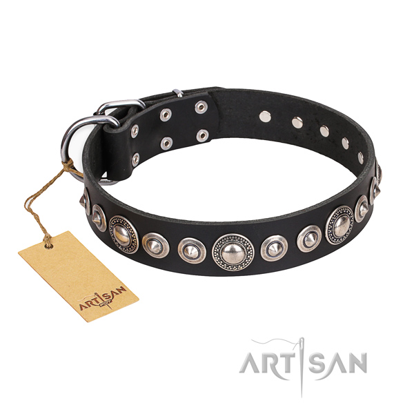 Full grain natural leather dog collar made of flexible material with corrosion proof buckle