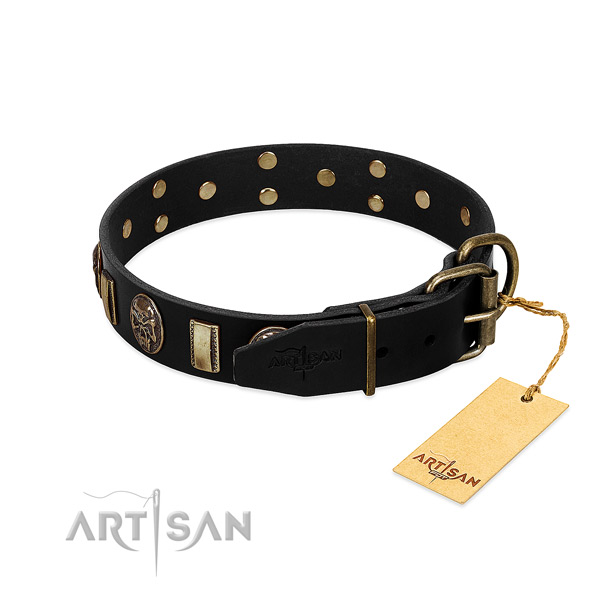 Natural genuine leather dog collar with rust resistant buckle and studs