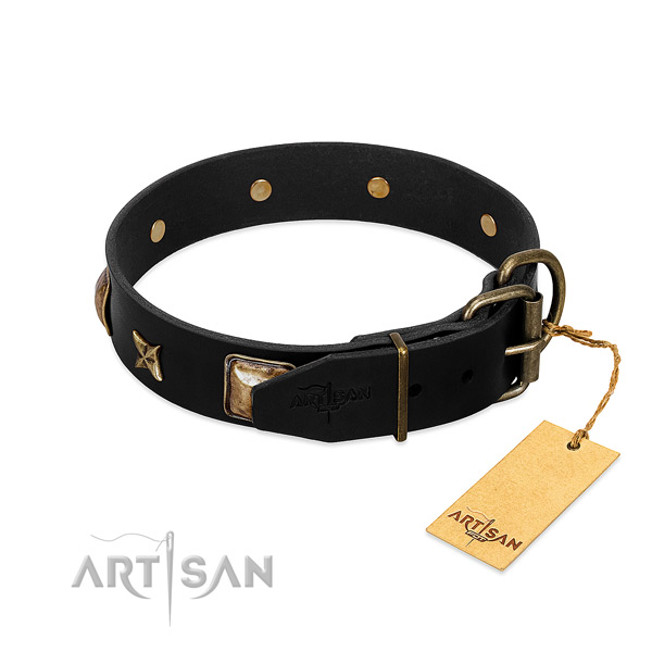 Durable hardware on genuine leather collar for walking your dog