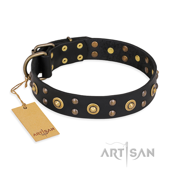 Embellished full grain leather dog collar with strong D-ring