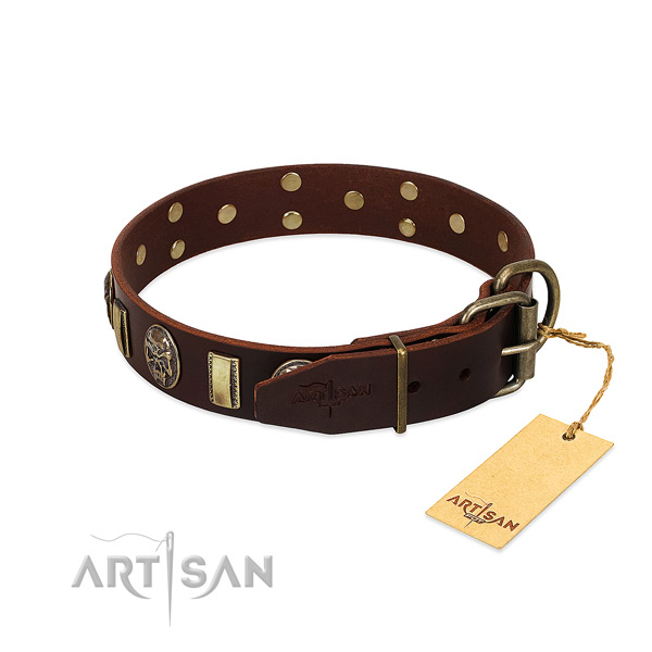 Leather dog collar with corrosion resistant traditional buckle and embellishments