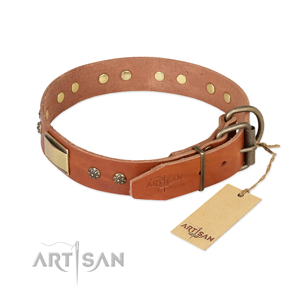 Full grain genuine leather dog collar with corrosion proof hardware and decorations