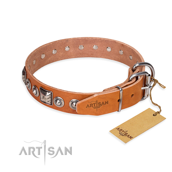 Durable natural genuine leather dog collar handcrafted for fancy walking