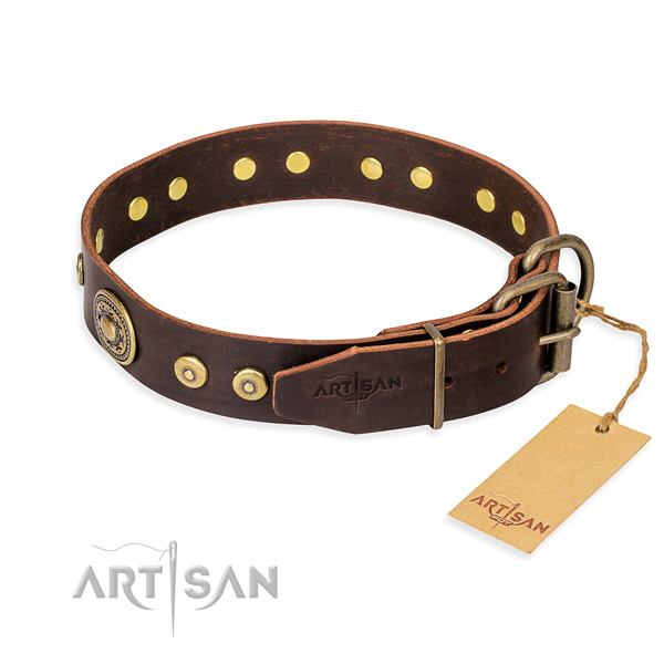 Natural genuine leather dog collar made of soft material with corrosion resistant embellishments