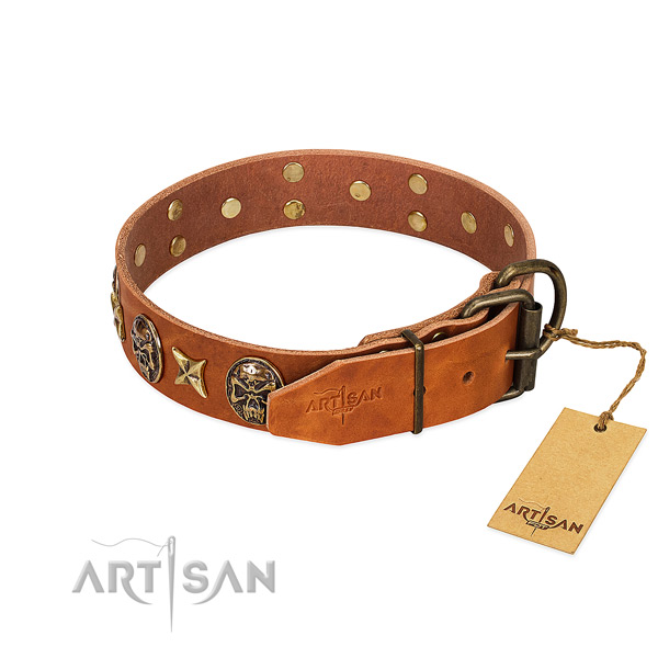 Full grain natural leather dog collar with durable traditional buckle and adornments
