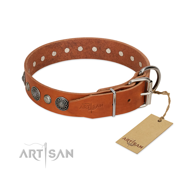 Reliable full grain leather dog collar with rust-proof traditional buckle