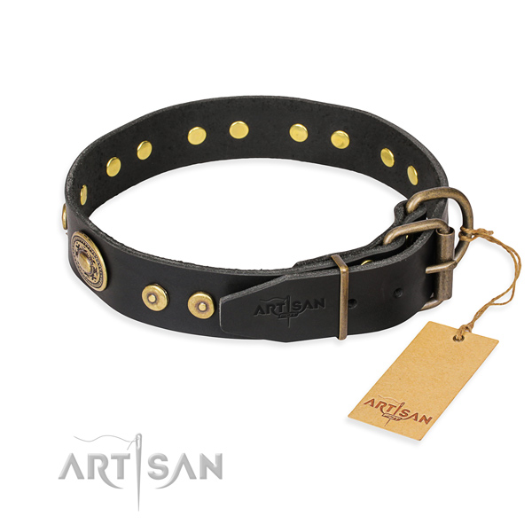 Natural genuine leather dog collar made of flexible material with rust-proof adornments