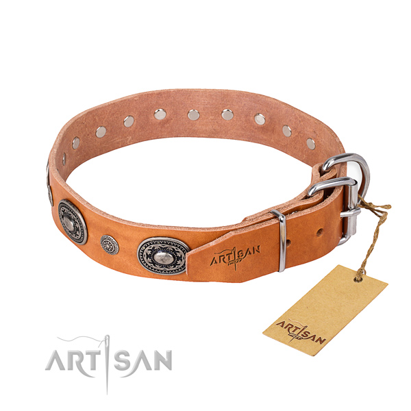 Flexible natural genuine leather dog collar made for walking