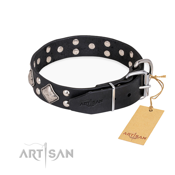 Full grain genuine leather dog collar with top notch reliable embellishments