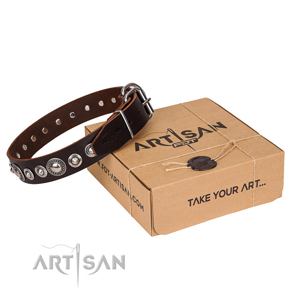 Full grain leather dog collar made of gentle to touch material with corrosion resistant buckle