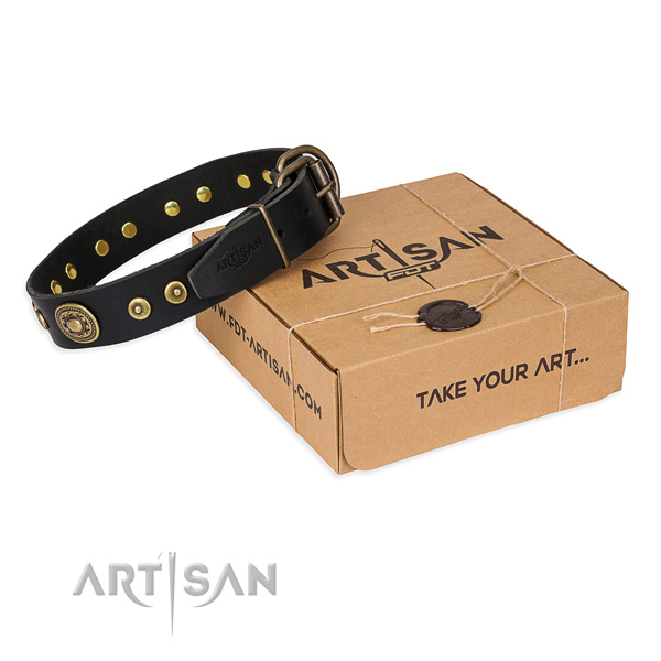 Leather dog collar made of soft to touch material with durable hardware