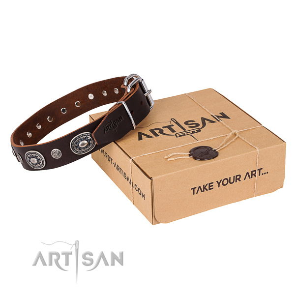 High quality natural genuine leather dog collar handcrafted for everyday walking