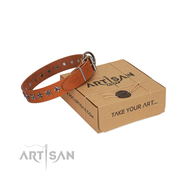 Comfy wearing dog collar of durable natural leather with adornments