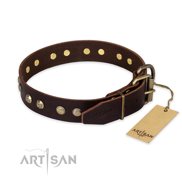 Reliable traditional buckle on natural genuine leather collar for your beautiful dog