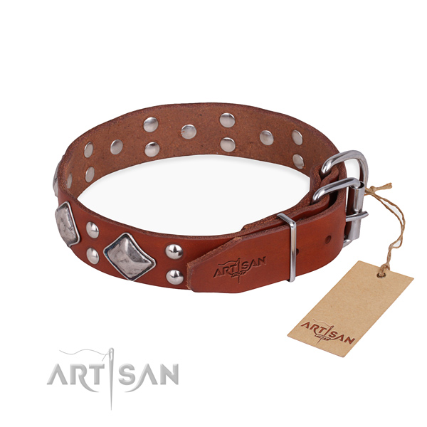 Full grain natural leather dog collar with top notch corrosion proof decorations