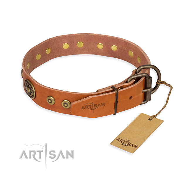 Natural genuine leather dog collar made of soft material with strong adornments
