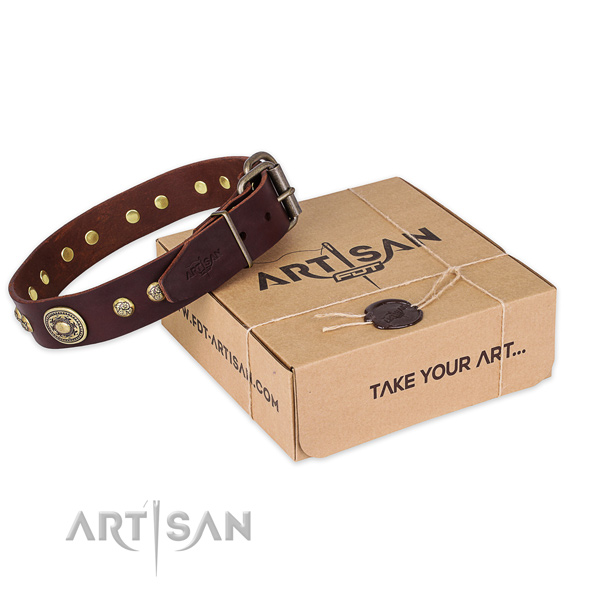 Strong hardware on full grain natural leather dog collar for handy use