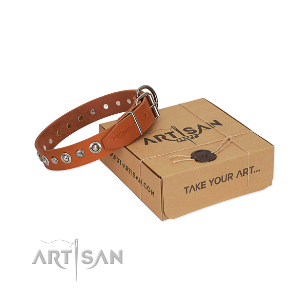 Strong full grain genuine leather dog collar with fashionable decorations