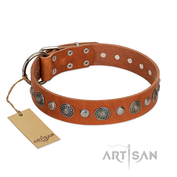 Reliable full grain genuine leather dog collar with rust-proof hardware