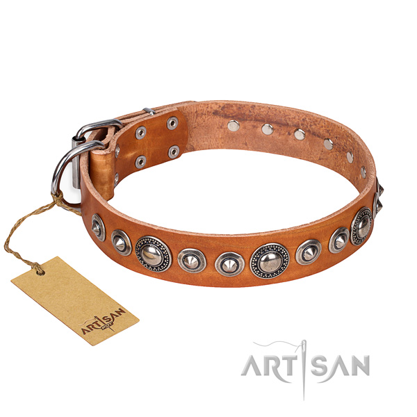 Natural genuine leather dog collar made of gentle to touch material with rust-proof D-ring