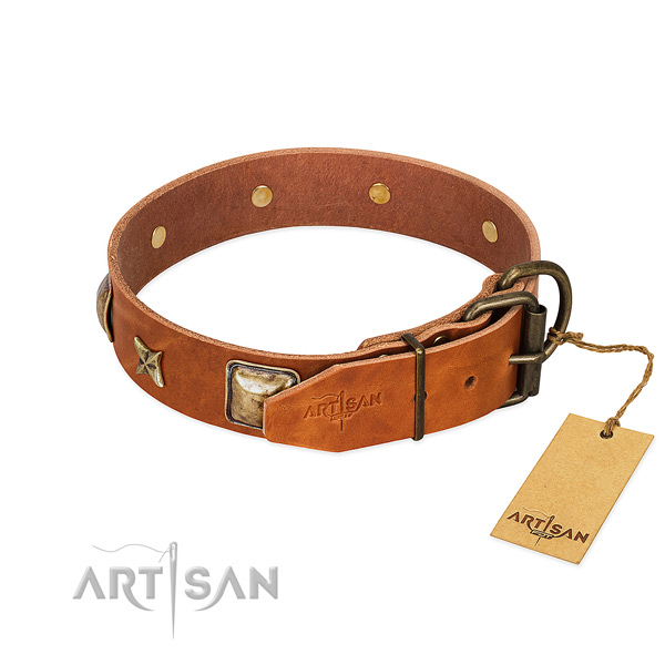 Full grain natural leather dog collar with corrosion resistant hardware and studs