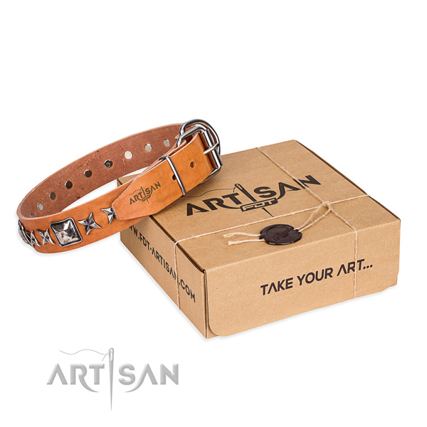 Easy wearing full grain genuine leather dog collar with adornments