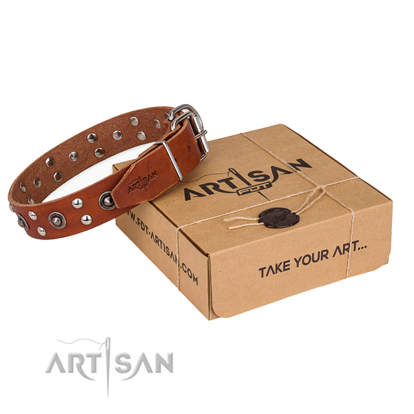 Rust resistant D-ring on full grain natural leather collar for your impressive doggie