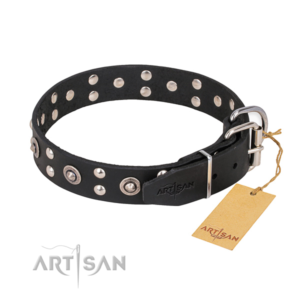 Strong traditional buckle on full grain natural leather collar for your handsome doggie