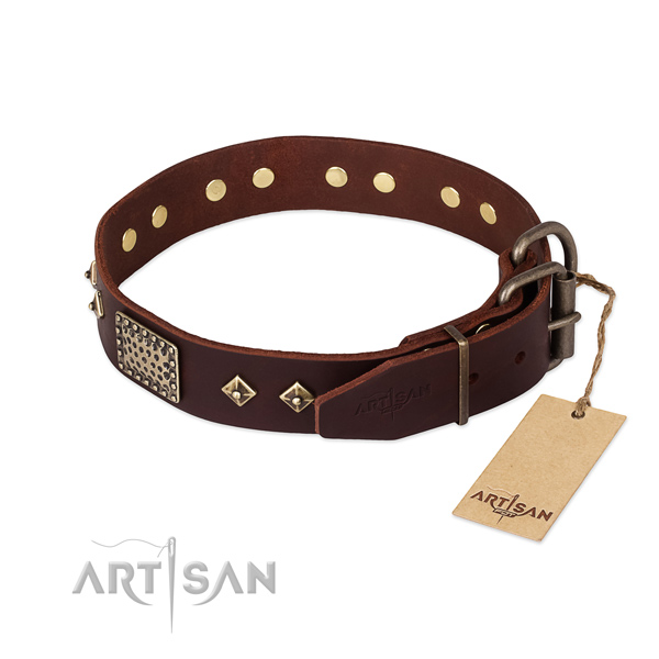 Genuine leather dog collar with strong traditional buckle and decorations