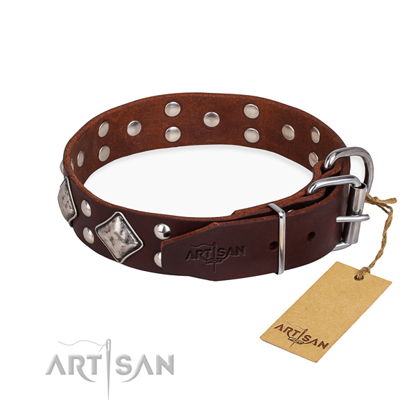 Natural leather dog collar with incredible reliable decorations
