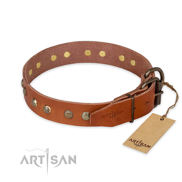 Corrosion resistant buckle on genuine leather collar for your attractive doggie