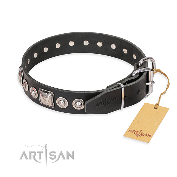 Leather dog collar made of flexible material with corrosion resistant studs