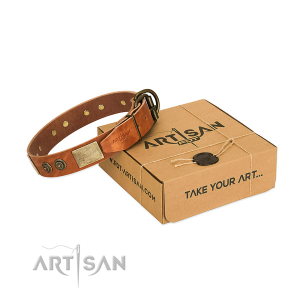 Rust-proof D-ring on genuine leather dog collar for comfy wearing