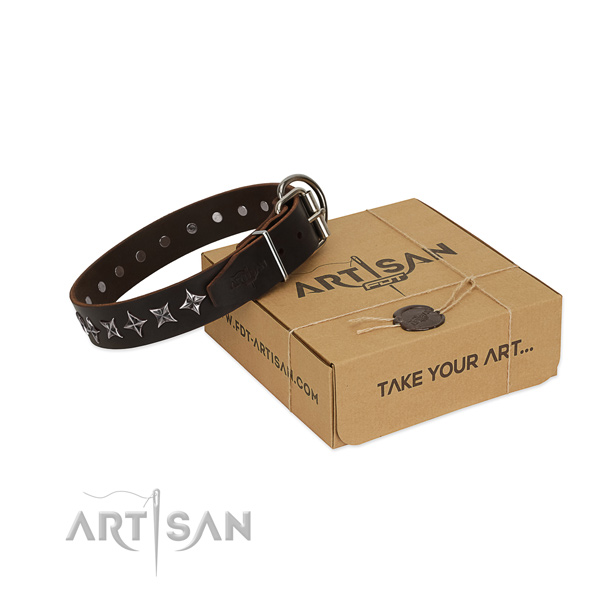 Comfortable wearing dog collar of strong full grain genuine leather with embellishments