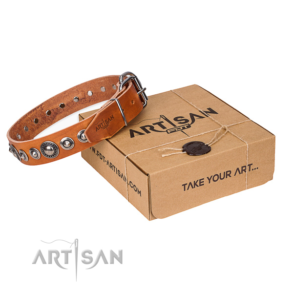 Full grain genuine leather dog collar made of gentle to touch material with rust resistant buckle