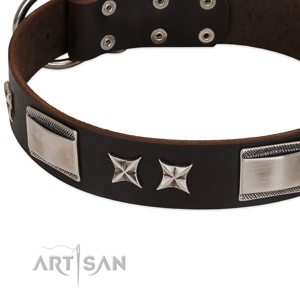 Soft full grain natural leather dog collar with durable D-ring