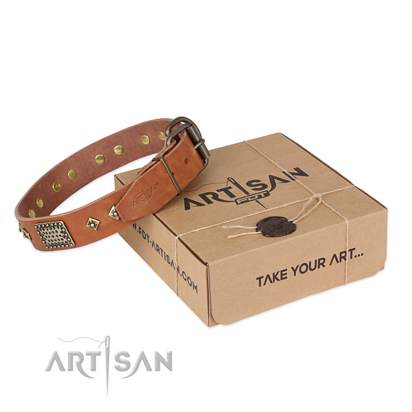 Convenient full grain natural leather collar for your handsome doggie