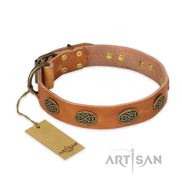 Convenient genuine leather dog collar with durable D-ring