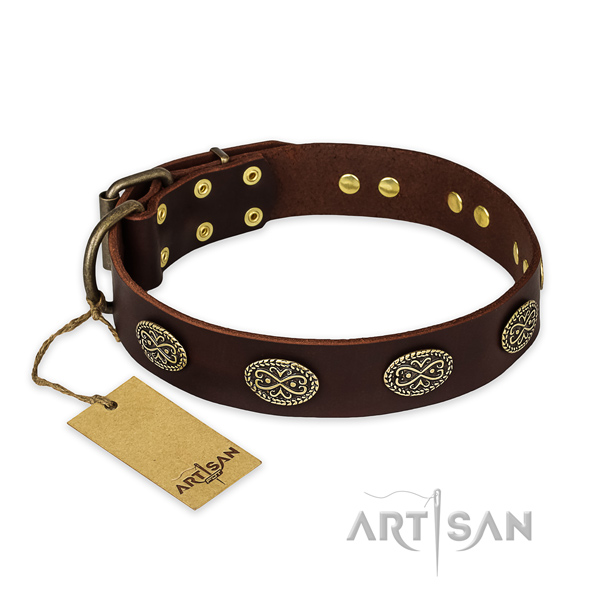 Easy to adjust full grain leather dog collar with corrosion proof hardware