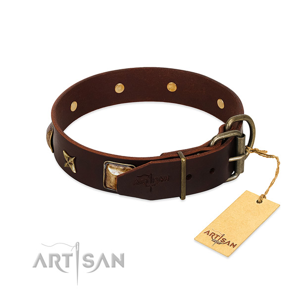 Full grain natural leather dog collar with corrosion resistant buckle and adornments