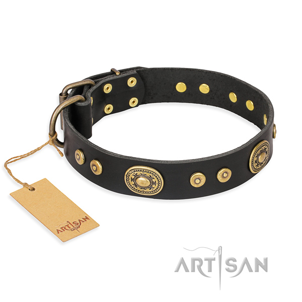 Natural genuine leather dog collar made of soft material with reliable hardware
