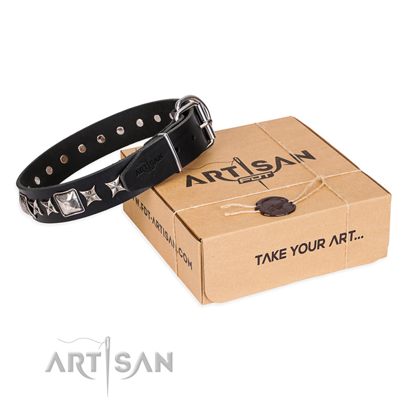 Adorned full grain leather dog collar for easy wearing