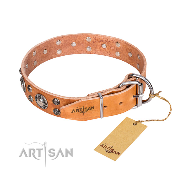 Handy use natural genuine leather collar with adornments for your dog