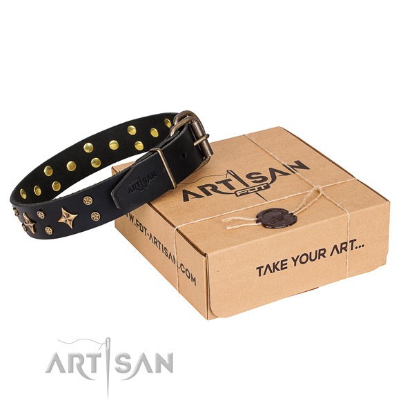 Embellished genuine leather dog collar for stylish walks