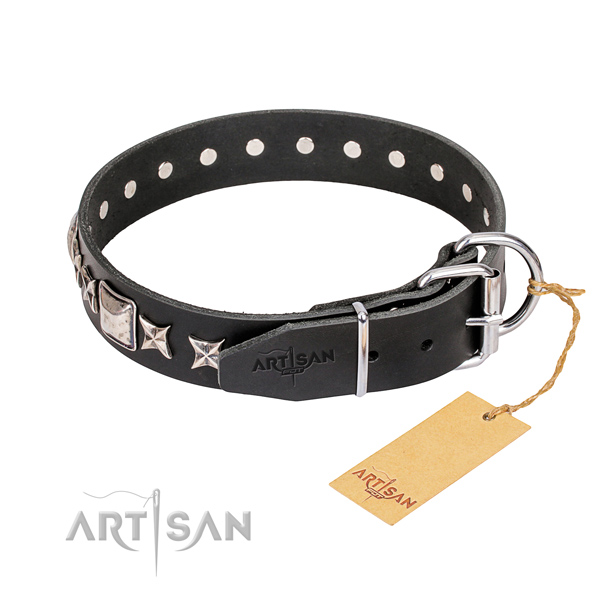 Daily walking full grain genuine leather collar with adornments for your dog