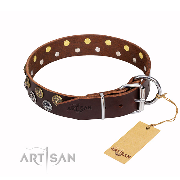Handy use genuine leather collar with adornments for your dog