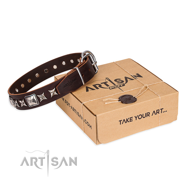 Decorated full grain genuine leather dog collar for comfortable wearing