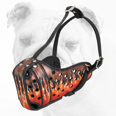 Padded Walking Leather Bulldog Muzzle with Flames